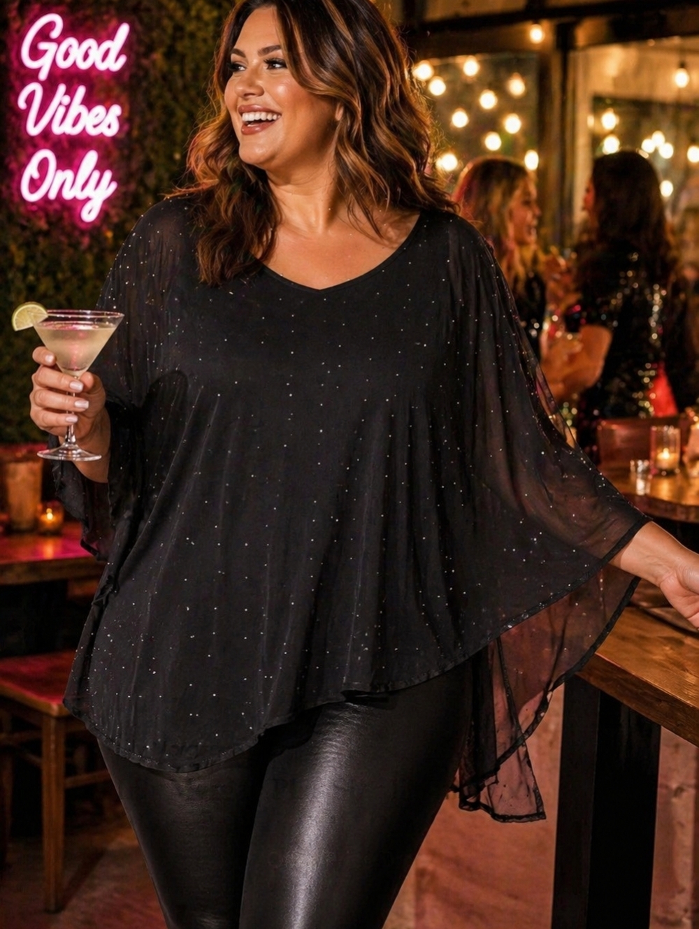 Lily Morgan Plus Size Black Sparkle Sheer Overlay Top | Poncho Style | 2X